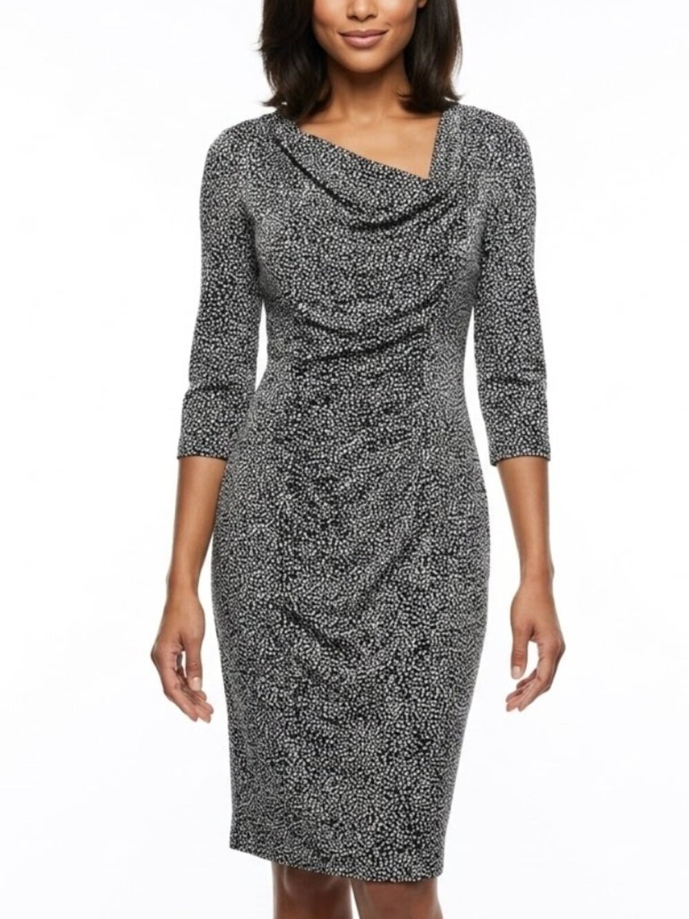 Etcetera 100% Silk Spotted Cowl Neck Midi Dress Black White Office Goth Sz 8